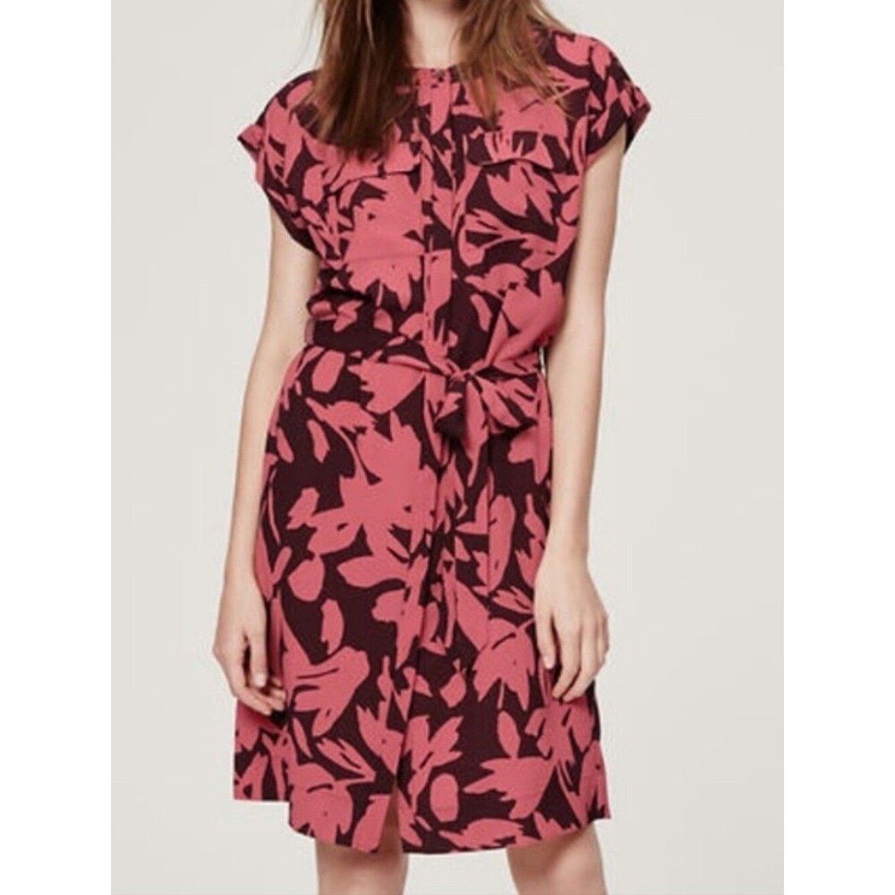 LOFT Pink and Burgundy Brown Dress With Belt - Size Small Womens